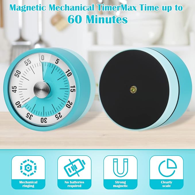 Kitchen Timer, 60-Minute Visual Timer for Kids & Adults, Wind Up Timer with Magnetic Backing, Loud Ring Timers for Classroom, Study, Cooking, Exercise