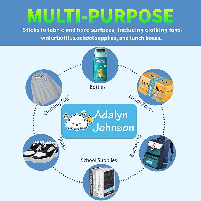 Custom Personalized Name Labels for Kids-(200-1000Labels) Waterproof Name Stickers Tags for School&Daycare,Clothing Tags,Washable&Durable Labels for Lunch Boxes, Bottles,Toys&GEA (Clouds)