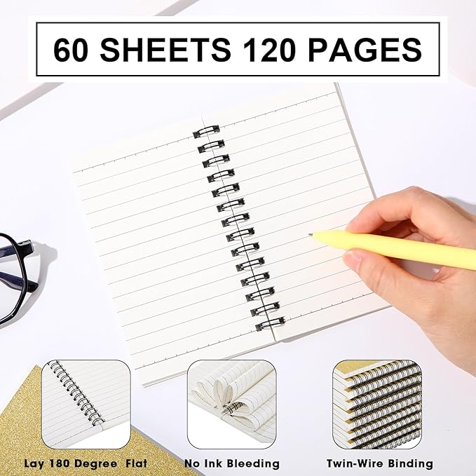 Jutom 18 Pcs Small Spiral Notebooks Memo Pads 3x5 Bulk Small Pocket Notebooks Mini Notepads with Lined Pages Mini Journals for Office School Work Supplies, 120 Pages (Gold)
