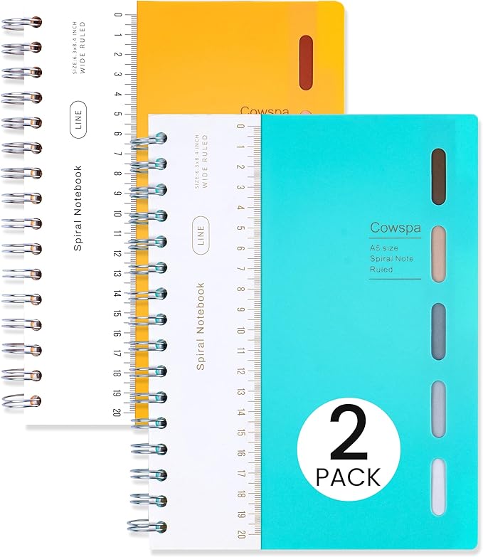 Yoment 2 Pack 5 Subject Notebook Wide Ruled Spiral Notebooks 5x7 with Removable Dividers Tabs, 200 Pages Small Notebooks for Work A5 Spiral Bound Journal for School Office, Blue&Orange