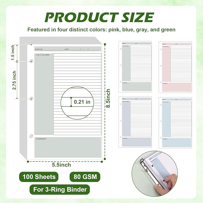 100 Sheet Half Letter Cornell Notes Loose Leaf Paper for 3 Ring Mini Binder 5.5" x 8.5" Lined Paper 9/32" Spacing Cornell Notebook Refills Taking System Filler Paper Bulk for School Office 80gsm