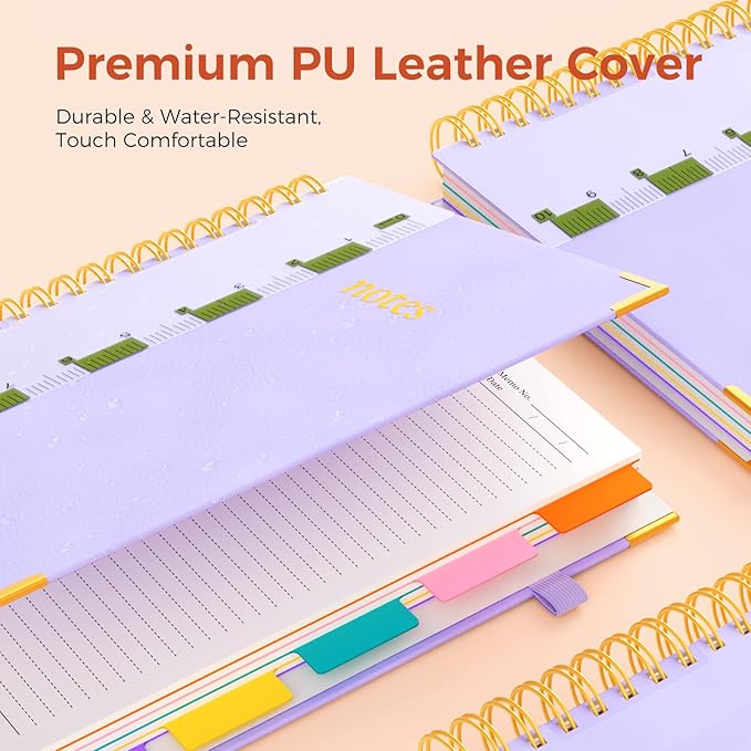 XYark A4 Hardcover Spiral Notebook, 8.5"x11" College Ruled Notebooks with Removable Dividers Tabs & Ruler, 5 Subject Notebook 300 Pages, Large Lined Journal for Women School Work Office, Light Purple