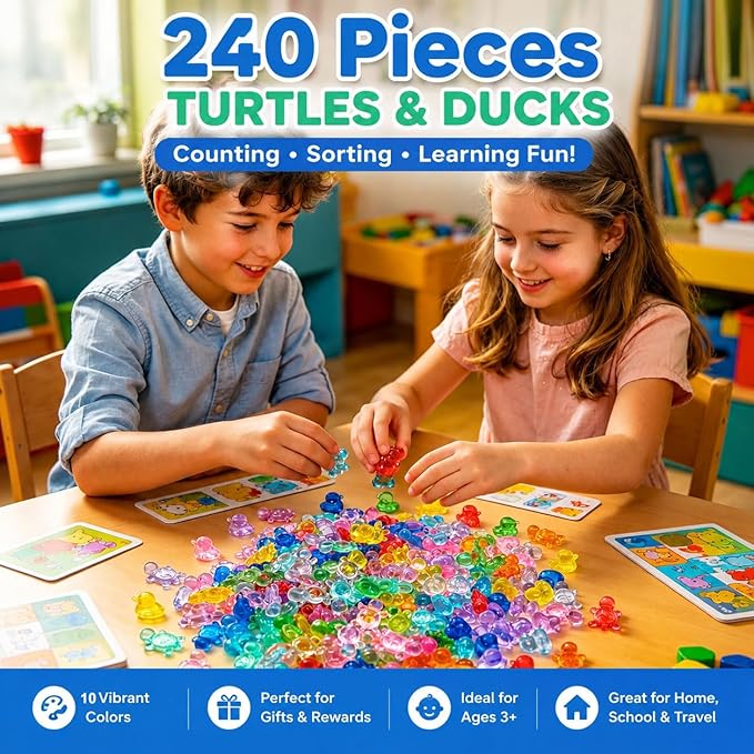 240PCS Translucent Counting Toys for Preschool, Turtle & Duck Sorting Manipulatives, Montessori Math Counters, Sensory Bin Fillers, Classroom Learning Toys for Toddlers with Storage Box