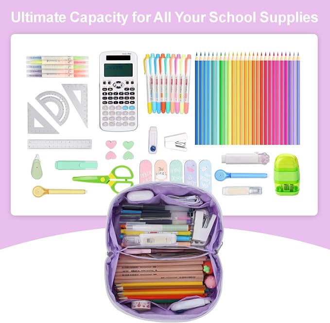 Large Pencil Pouch for Teen Girls, 8 Compartments, Purple | Large capacity pencil case, wide-opening organizer fits calculators, markers, pens; for middle school, high school, college