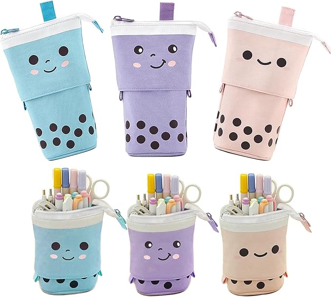 3 Pack Telescopic Pencil Pouch Bag Pop Up Pencil Case Stand Up Pen Holder Cute Polka Dot Canvas Pen Bag, Standing Stationery Case Holder for Students Boys Girls Adult