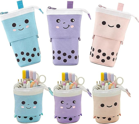 3 Pack Telescopic Pencil Pouch Bag Pop Up Pencil Case Stand Up Pen Holder Cute Polka Dot Canvas Pen Bag, Standing Stationery Case Holder for Students Boys Girls Adult