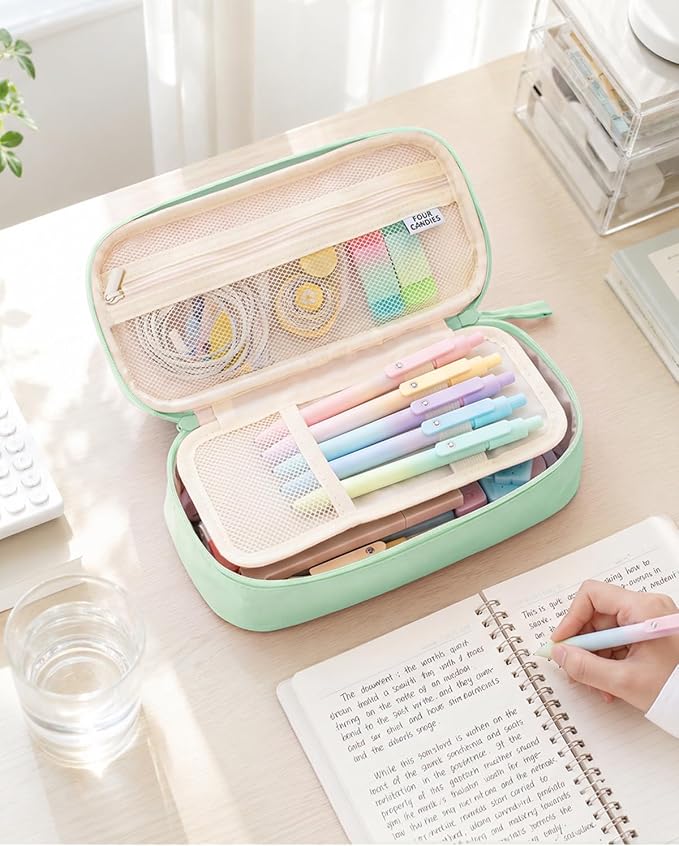 Four Candies Large Pencil Case, 5 Compartments Canvas Pen Organize | Big Capacity Pencil Pouch Bag for School Supplies, Portable Stationery Holder for Teen Girls Boy Men Women