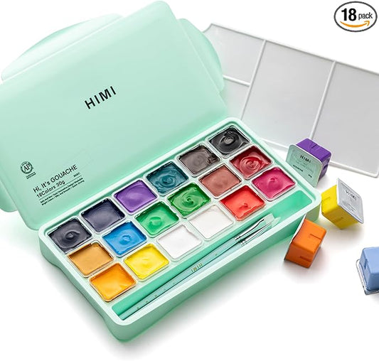 HIMI Gouache Paints Set, 18 Colors, 30g, jelly gouache paint set, Non Toxic Paint for Canvas and Paper, Art Supplies for Professionals, and More (Green Case