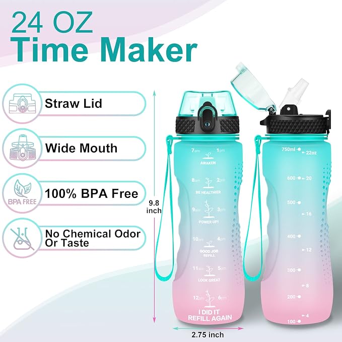 24 OZ Motivational Kids Water Bottle With Time Marker,Leak Proof,Straw Lid, Tritan BPA Free Sports Water Bottle Light green pink(1 Lid)