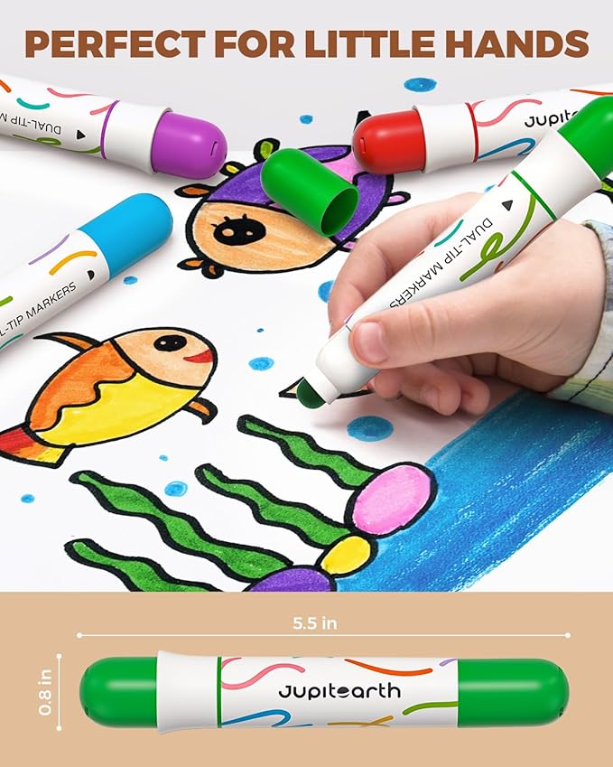 JUPITEARTH Washable Dual Tip Markers for Kids, Broad & Round Tip, Easy-Grip Design for Little Hands, 12 Vibrant Colors Toddler Markers with Portable Case, Ideal Christmas Gift for Kids Toddlers