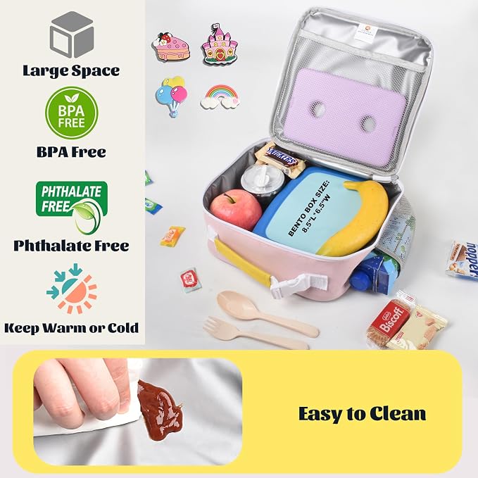 CaCTOUR Lunch Box Kids,Fun Color Lunch Box for Girls,Large Soft Cooler Lunch Bag for Kids,Back to School Thermal Insulated Lunch Tote Bag for School Daycare Outdoor (Yellow Pink)