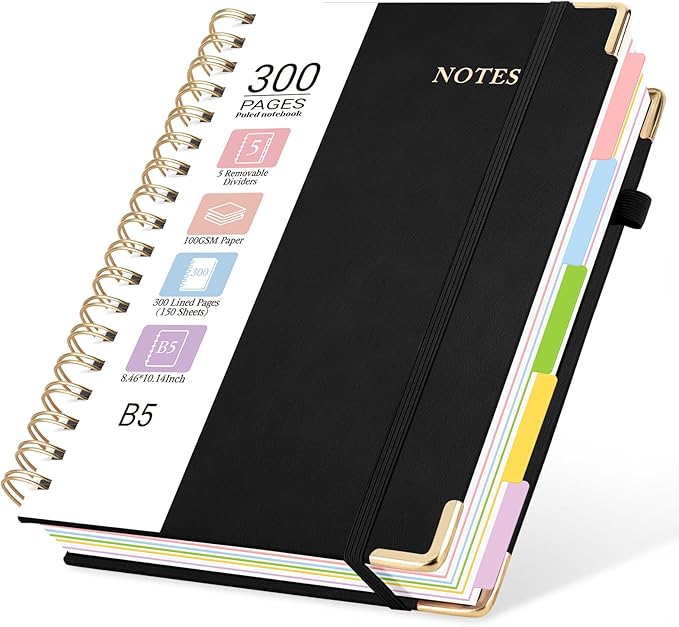 Hardcover Spiral Journal Notebook, 300 Pages 5 Subject Notebook College Ruled with Removable Dividers Tabs, 8" x 10" Notebooks for Work, Spiral Ruled Lined Writing Journal Hardcover Leather Notebook for School (Black, 8''x 10'')