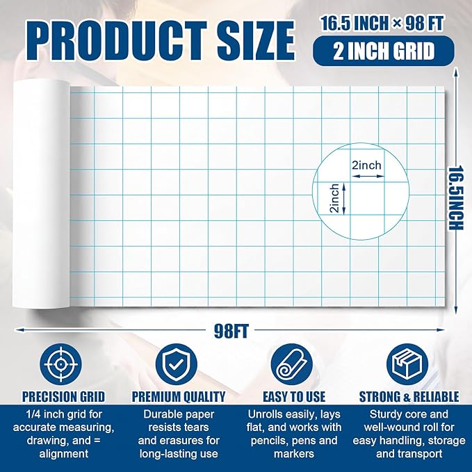 Jetec 1 Roll Large Grid Graph Paper Roll 2'' Grid 16.5 Inch x 98ft Giant Chart Poster Paper for Classroom Group Projects Building Plan Drafting Supplies Kids Students School Gifts