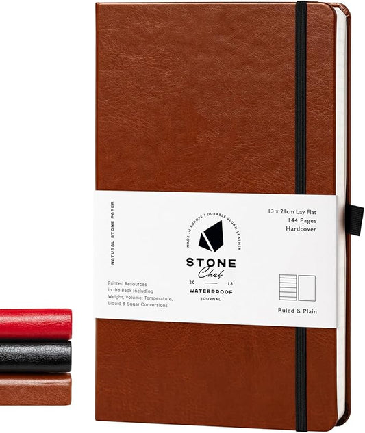 Stone Journal Chef Notebook – 13 × 21 cm Waterproof Paper, 144 Pages, Half Lined & Half Blank, Vegan Leather Hardcover, Kitchen Conversions, Premium Journal (Tan Brown)