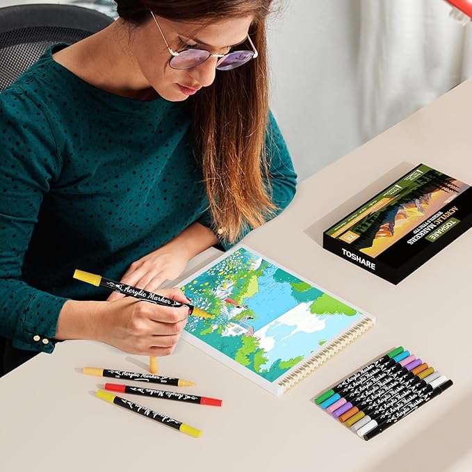 TOSHARE 72 Colors Acrylic Paint Markers, Brush & Fine Dual Tip Acrylic Paint Pens for Rock, Wood, Paper, Fabric, Canvas, Glass, Ceramic, Egg, Scrapbook and DIY Crafts Supplies Art Gifts