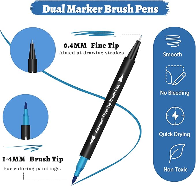 Piochoo 18 Colors Dual Tip Markers, Fine Point & Brush Tip for Adult Coloring Books, No Bleeding, Art Supplies