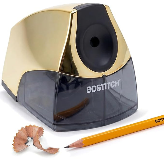Bostitch Office Electric Pencil Sharpener for Classroom & Desk Use, Heavy-Duty Stall-Free Motor, High-Capacity Shavings Tray, Gold Chrome