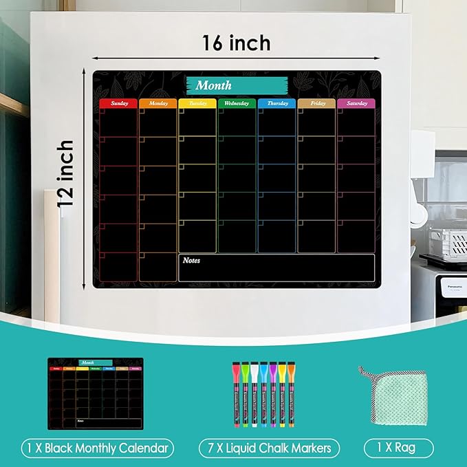 MaxGear Monthly Black Magnetic Calendar for Refrigerator, 16" X 12" Fridge Chalkboard, Magnetic Dry Erase Calendar White Board Planning Board for Fridge with 7 Fine Point Markers,1 Cloth