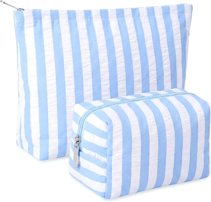 Huhumy 2 Pcs Makeup Bag Set for Women, Blue,Wide Striped Seersucker | Cute Cosmetic Pouch Women Travel Toiletry Bag Preppy Small Makeup Purse Pouch Aesthetic Skincare Brushes Storage Organizer