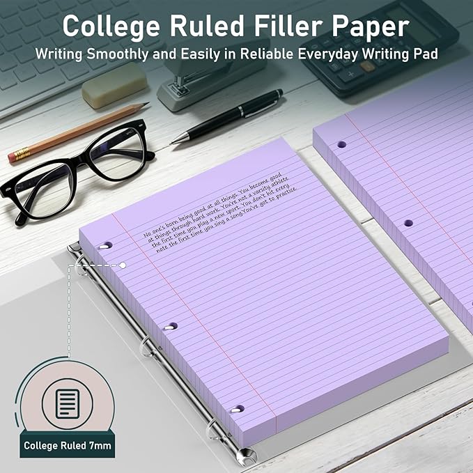 720 Sheets Loose Leaf Paper, 6-Color Lined Paper Notebooks, 8 x 10.5 College Ruled Filler Paper, 3-Hole Punched Binder Paper, Double-Side Printed Writing Paper Notepads for Home, Office, School