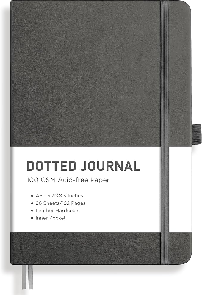 RETTACY Dotted Journal Notebook, 192 Pages, A5 Medium Size (5.7'' x 8.3''), Leather Hardcover, 100 GSM Thick Paper, for Journaling, Planning, Tracking (Gray)