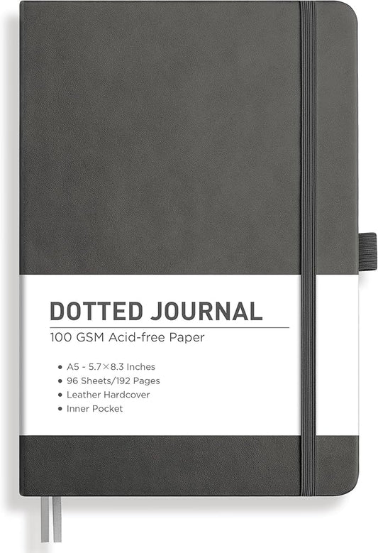 RETTACY Dotted Journal Notebook, 192 Pages, A5 Medium Size (5.7'' x 8.3''), Leather Hardcover, 100 GSM Thick Paper, for Journaling, Planning, Tracking (Gray)