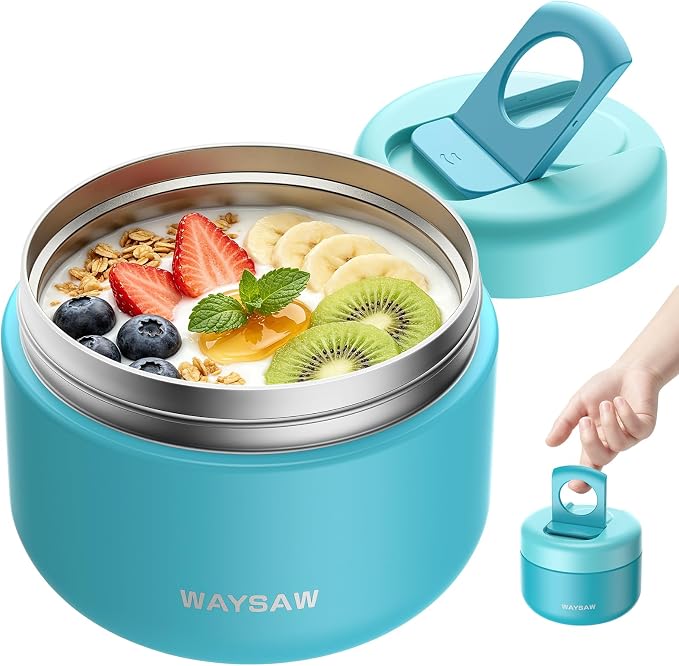 14 oz Kids Thermo for Hot Food, Leakproof Insulated Vacuum Jar/Blue | 316 stainless steel wide mouth buckle lid BPA free pasta soup small hand friendlly keep food hot and cold school lunch picnic