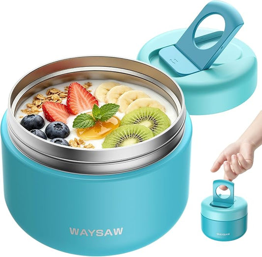 14 oz Kids Thermo for Hot Food, Leakproof Insulated Vacuum Jar/Blue | 316 stainless steel wide mouth buckle lid BPA free pasta soup small hand friendlly keep food hot and cold school lunch picnic