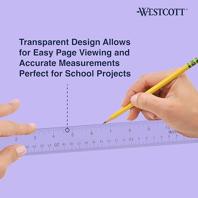 Westcott Acrylic Clear Ruler, Easy-to-Read Markings, Scratch-Resistant Design, Raised Beveled Edges, for Crafting, Office, Classroom, Back to School Supplies, 12-Inch