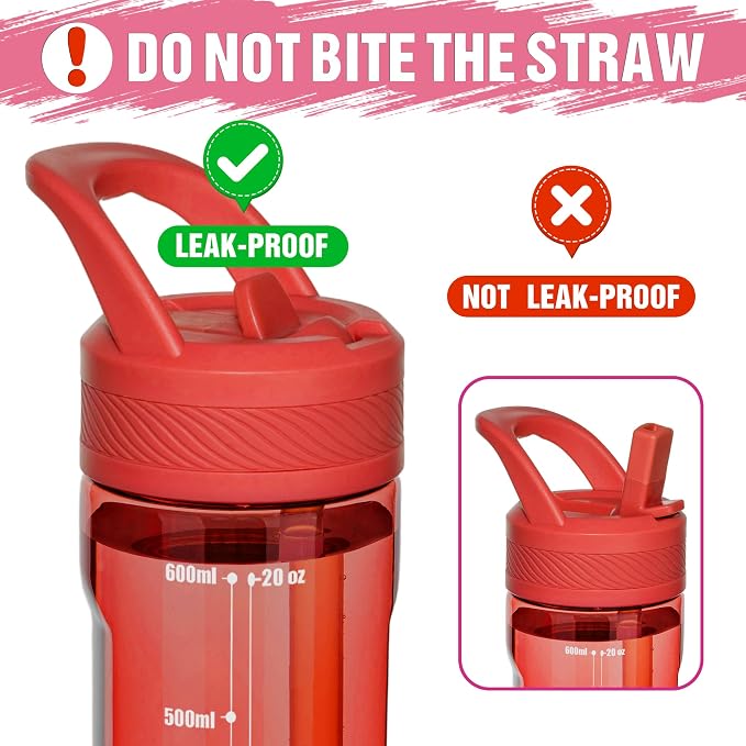 OLDLEY 20oz Kids Water Bottle with Straw, BPA-Free Tritan Water Bottle for School, Leakproof Clear Water Bottle with One Click Open, Measurement Scale, Cup Holder Friendly for Boys Girls,Clear Red