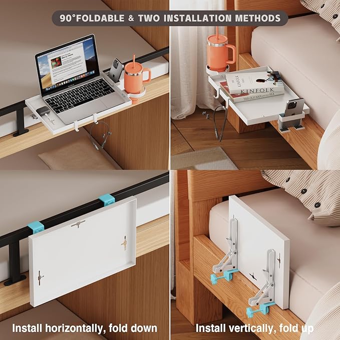 Magheo Bedside Shelf Foldable, Metal Clip-On Bed Shelf for Top Bunk Heavy Duty Bed Side Table Tray for College Dorm Essentials, Loft Nightstand Organizer Tray with Removable Cup & Phone Holder(White)
