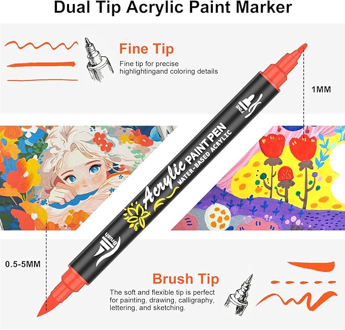 NICETY 60 Colors Acrylic Paint Markers, Dual Tip Acrylic Paint Pens with Fine Tip and Brush Tip Pens for Rock Painting, Canvas, Wood, Ceramic, Glass, Stone, Fabric, DIY Crafts & Art Supplies