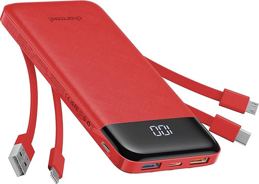 charmast Portable Charger with Reinforced Built-in 4 Cables,10000mAh Power Bank Travel Essentials 6 Outputs 3 Inputs 3A Fast Charging Compatible with iPhone iPad Samsung Google Pixel LG Moto etc.
