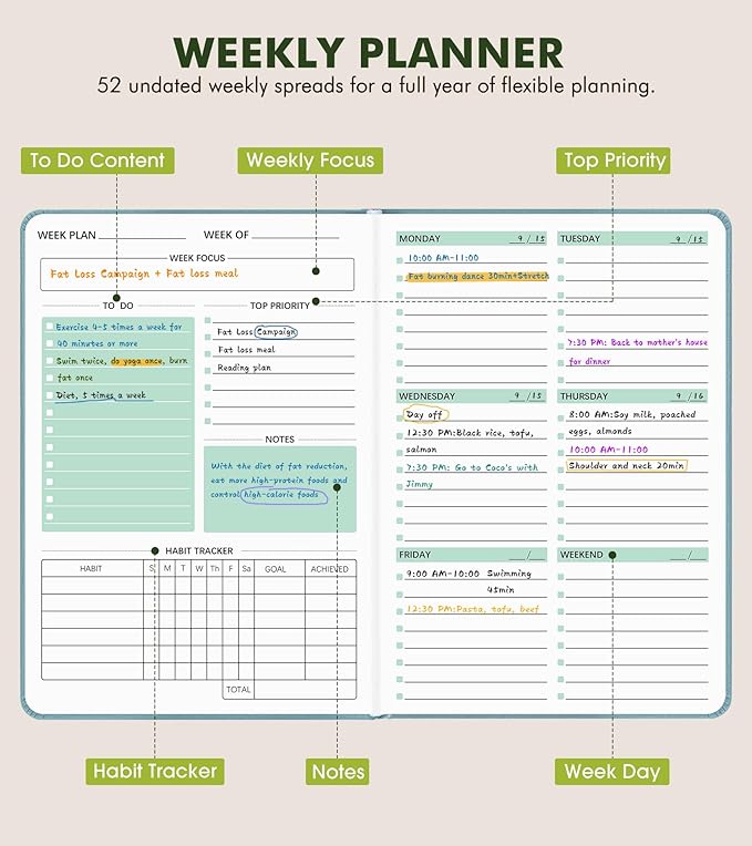 Undated Weekly and Monthly Planner, Hardcover Leather Calendar Blank Planner, Simplified To Do List Notebook with Goal & Habit Tracker Organizer, A5 Daily Weekly Planner for Work School Home, Blue