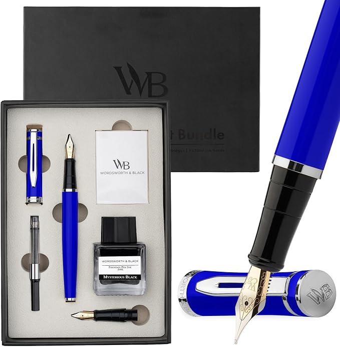 Wordsworth & Black Fountain Pen Set,18K Gilded Medium and Extra Fine Nib,25ML Black Ink Bottle,6 Ink Cartridges,Refill Converter,Gift Box,Smooth Writing Pens [Blue Chrome],Gift Set for Men and Women