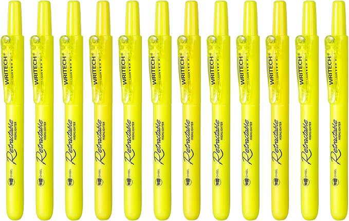WRITECH Retractable Highlighters Chisel Tip: Fluorescent Yellow Ink Highlighter Marker Pens No Bleed & Smear Pack for Home School Office (12ct Yellow) (Pack of 2)