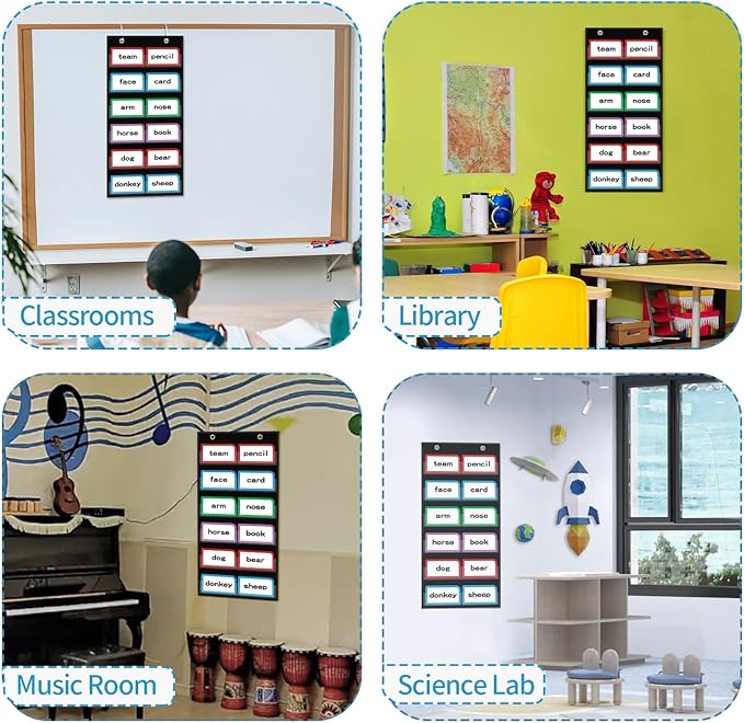 ANCOMEDO 10”W x 25”H Classroom Words Pocket Chart with 6 Clear Pockets, Black Standard Pocket Chart for Classroom and Home for Sentence Strips, Reusable Words Hanging Pocket Chart (Black)