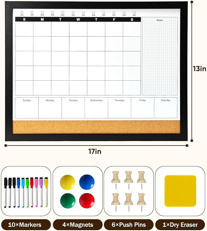 Dry Erase Calendar Whiteboard for Wall, 4-in-1 Magnetic Monthly Whiteboard with Wooden Framed, 17" x 13", Reusable Monthly Combination Planner Board for Home, Office, Classroom