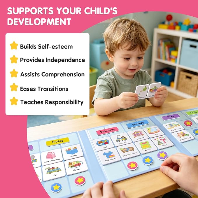 Visual Schedule for Kids, 170 Magnetic Visual Cards & Tri-Fold Magnetic Board, Daily Routine Chart for Autism ADHD, Toddler Morning Bedtime Chore Planner for Home Classroom, Visual Routine Board for Nonverbal Special Needs Children