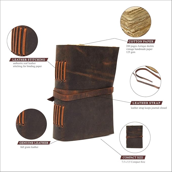Leather Journal Travel Diary, Handmade Vintage Bound Notebook For Men & Women, Antique Finish, Genuine Buffalo Leather- Quality Unlined Paper Perfect for Notes, Art Sketchbook, 7X5 Inches, Brown