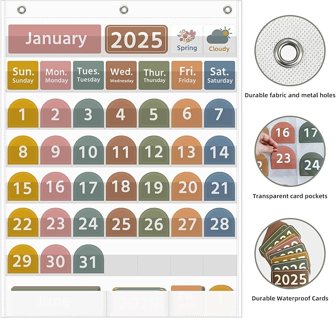 REGELETO Large White Calendar Pocket Chart with Boho 96 Cards for Classroom, Size:32.25 x 24.13 inch Monthly Calendar and Weather Pocket Chart for Students Learning for Home or School(White)