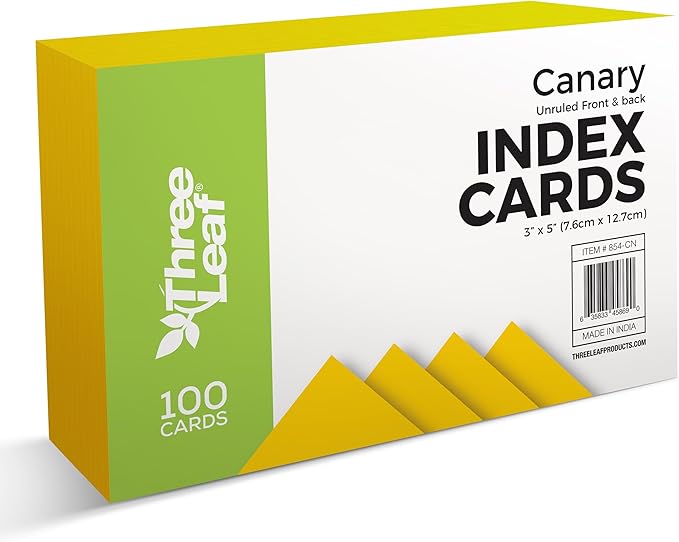 THREE LEAF 3 X 5, INDEX CARDS UNRULED, 100 CT. CANARY, Blank Flash Cards, Study Card, Memo Pad, For To-Do List, Art And Craft Projects