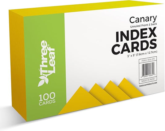 THREE LEAF 3 X 5, INDEX CARDS UNRULED, 100 CT. CANARY, Blank Flash Cards, Study Card, Memo Pad, For To-Do List, Art And Craft Projects