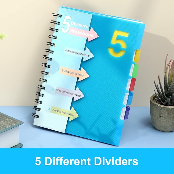 CAGIE Spiral Notebook 5x7 with Dividers 5 Subject Notebook with Tabs Wide Ruled A5 Spiral Bound Journal for Note Taking Work School Supplies, 220 Pages, Blue