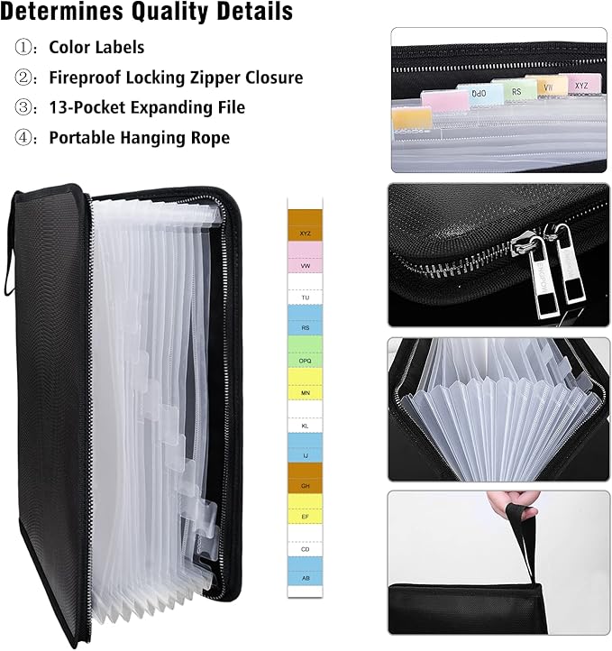 ENGPOW Legal Size Expanding File Folder Important Document Organizer Fireproof Document Bag with 13 Pockets,Color Labels,Non-Itchy Silicone Coated Portable File Wallet Large Capacity(16" x 10.6")