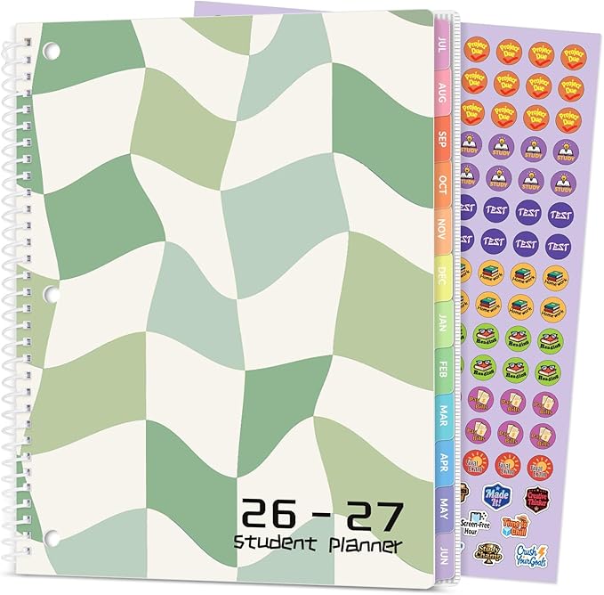 Student Planner 2026-2027, SUNEE Middle or High School Student Planner for Academic Year Jul. 2026 - Jun. 2027, 8.5"×11" Lesson Plan Book with 3-Hole Punched, Bookmark, Planning Stickers, Green Waves