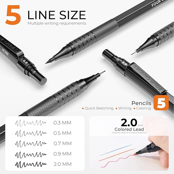 Four Candies Metal Mechanical Pencil Set, 4PCS 0.3, 0.5, 0.7, 0.9MM Mechanical Pencils & 2MM Drawing Pencil with 9 Tubes Lead Refills (4B 2B HB 2H Color) for Student Writing Artist Sketching - Black