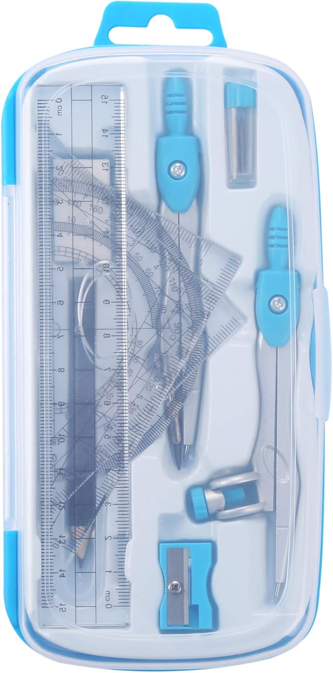 Unjoo Math Geometry Kit Sets 10 Piece Student Supplies with Shatterproof Storage Box,Includes Rulers,Protractor,Compass,Eraser,Pencil Sharpener,Lead Refills,Pencil,for Drafting and Drawings（Blue）