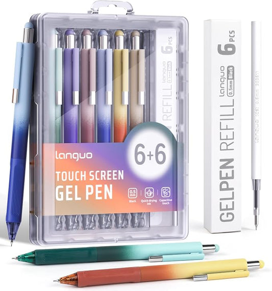 Gel Pens, 0.5mm Quick Dry Black Ink Pens Fine Point Smooth Writing Pens | 3-in-1 Stylus Retractable Gel Pen with Stylus tip, Cute Office School Supplies Gifts for Women Men (6 gel pens + 6 refills)