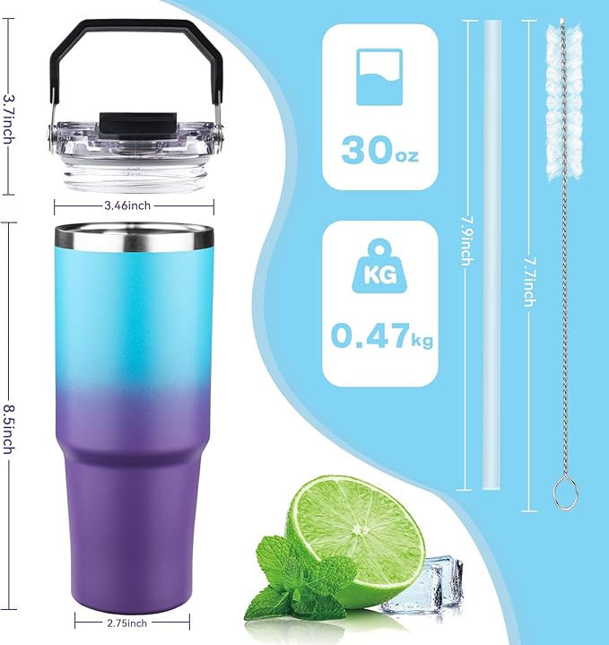 30oz Tumbler with Handle and Flip Straw Lid Double Wall Insulated Travel Coffee Mug Stainless Steel Vacuum Insulated Coffee Tumbler Cup for Hot and Cold Beverages,Leak-proof&BPA-free（30oz,Blue Purple）